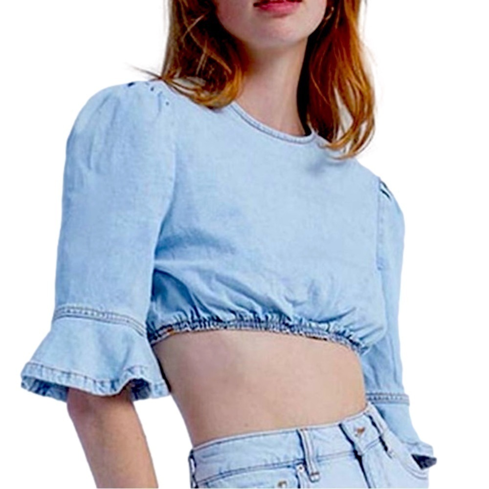 NWT WeWoreWhat REVOLVE Cropped Denim Top in Super Light Bell Sleeve - Small